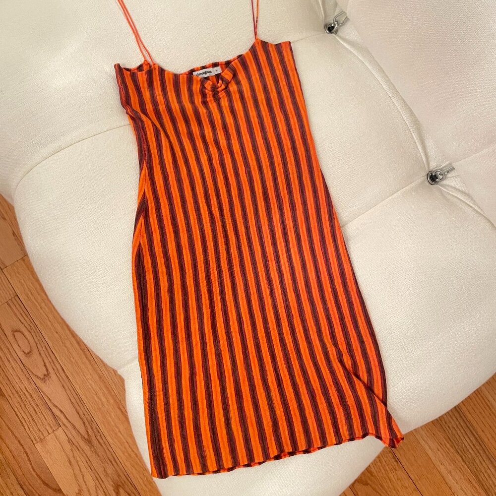 Gimaguas Simi Orange Vertical Stripe Mini Dress S as seen on kiko mizuhara